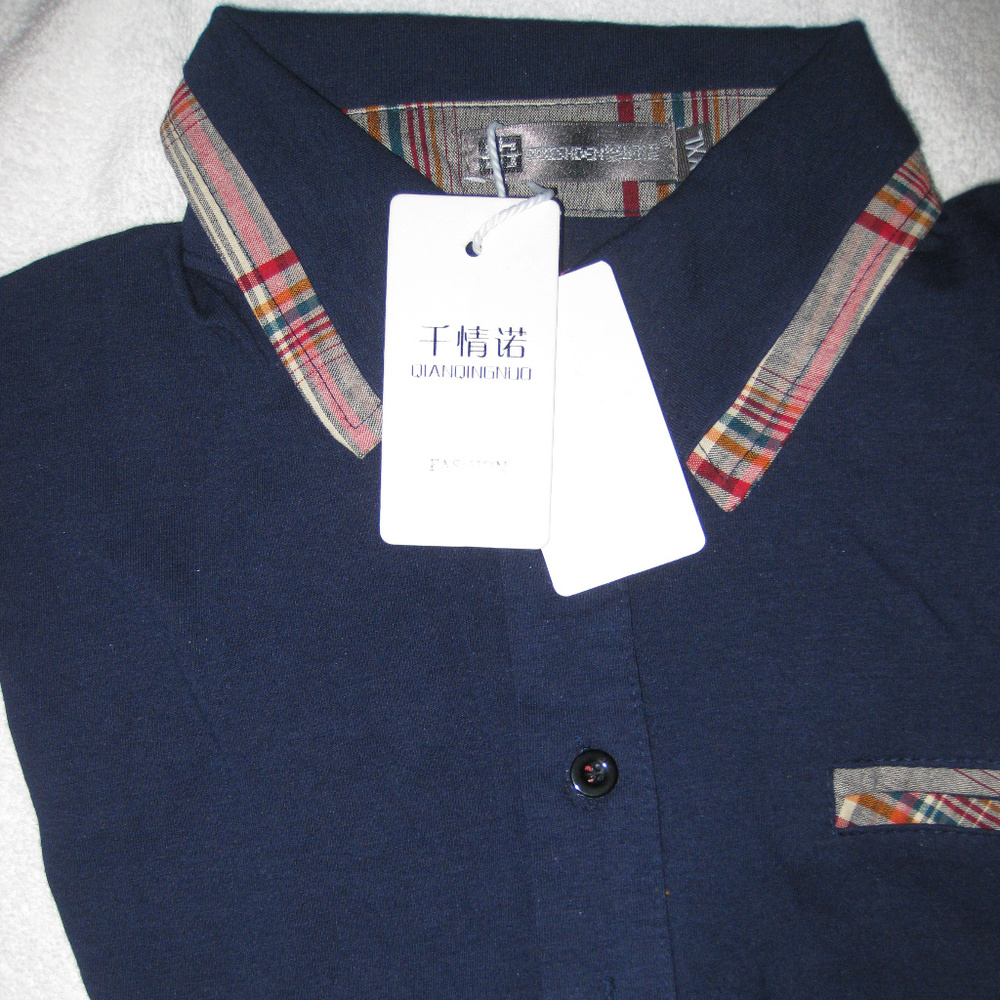 NEW NAVY BLUE men's shirt plaid neck trim, Medium. FIRM. Bundle for disc…